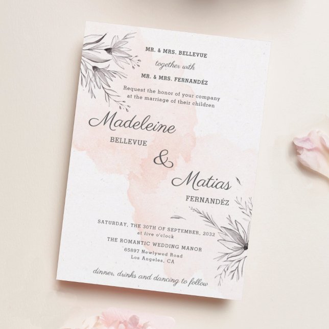 Invitación Boda elegante floral gris y rosa (Subido por el creador)