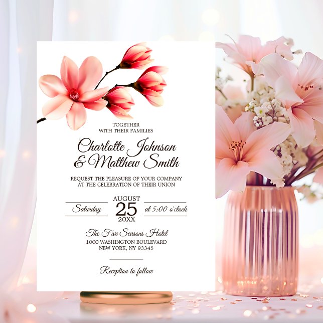 Invitación Boda elegante floral Magnolia Coral Rosa (Elegant Floral Magnolia Coral Peach Pink Color Wedding Invitation)