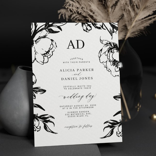 Invitación Boda elegante floral negra (Subido por el creador)