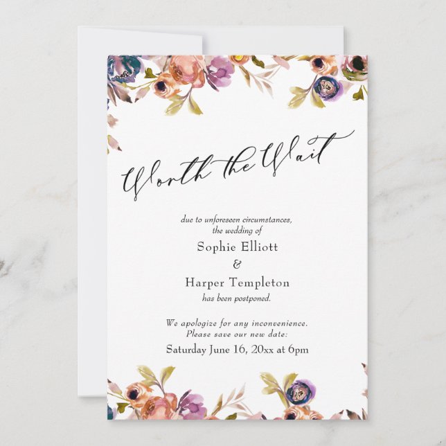 Invitación Boda elegante floral pospuesta vale la pena la esp (Anverso)