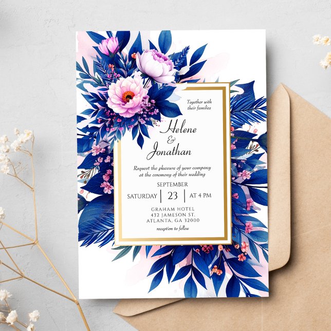 Invitación Boda elegante floral rosa azul cobalto Rubor (Cobalt Blue Blush Pink Floral Elegant Wedding Invitation)