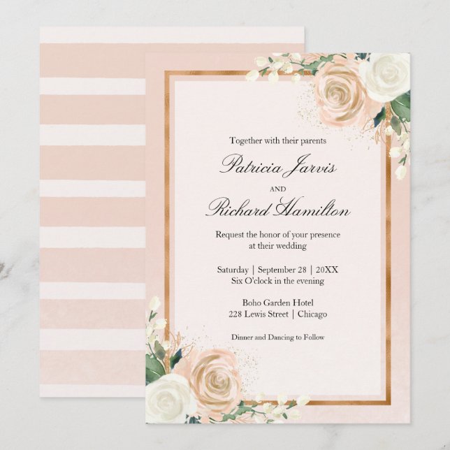 Invitación Boda elegante floral rosa rubor y oro (Anverso / Reverso)