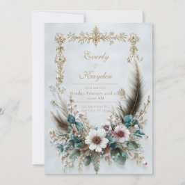 Invitación Boda Elegante Floral Rosa Rústica con Plumas