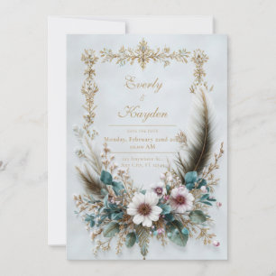 Invitación Boda Elegante Floral Rosa Rústica con Plumas