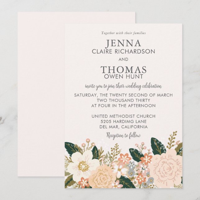 Invitación Boda elegante floral suave pastel (Anverso / Reverso)