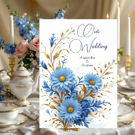 Invitación Boda elegante florales azul aciano oro