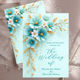 Invitación Boda elegante flores azul turquesa blanco dorado