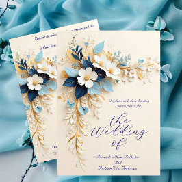 Invitación Boda elegante flores azules blancas crema doradas