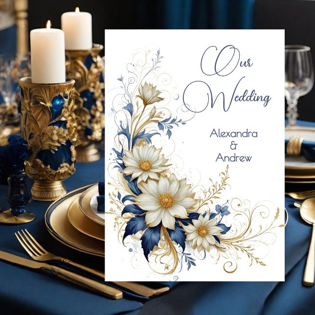 Invitación Boda elegante flores azules blancas doradas (Subido por el creador)