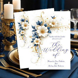 Invitación Boda elegante flores azules reales blancas y dorad