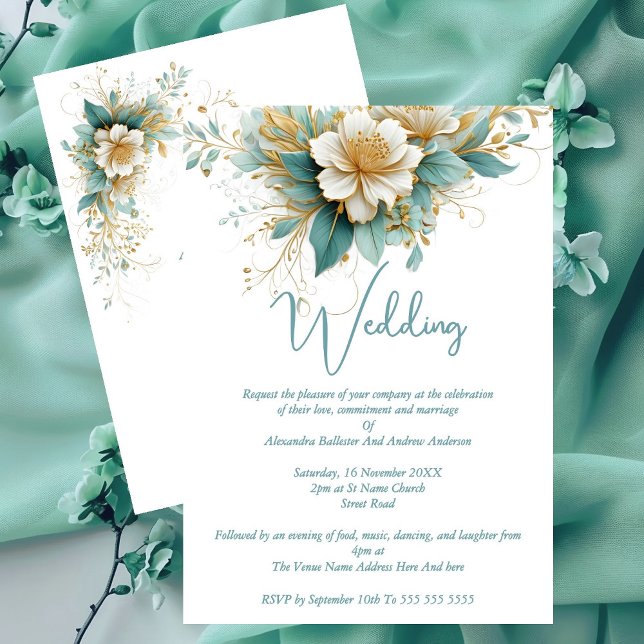 Invitación Boda elegante flores azules verdes blancas (Subido por el creador)