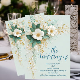 Invitación Boda elegante flores azules verdes blancas y dorad