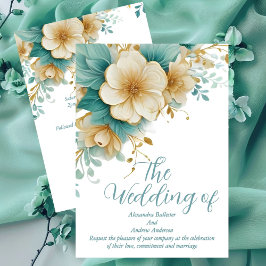 Invitación Boda elegante flores azules verdes sobre blanco