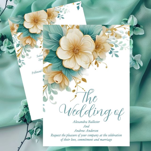 Invitación Boda elegante flores azules verdes sobre blanco (Subido por el creador)