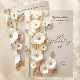 Invitación Boda elegante flores blancas beige bambú dorado