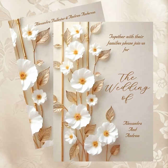 Invitación Boda elegante flores blancas beige bambú dorado (Subido por el creador)