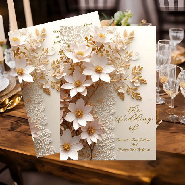 Invitación Boda elegante flores blancas de encaje oro rosa (Subido por el creador)