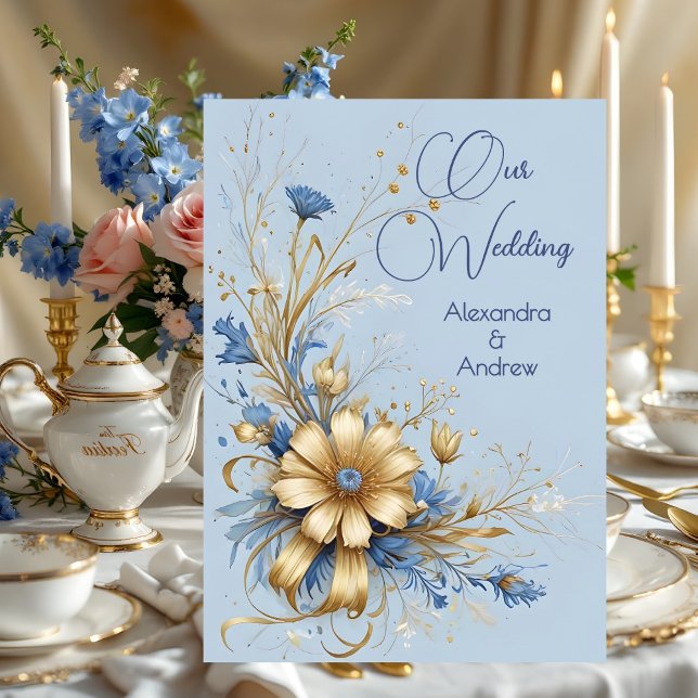 Invitación Boda elegante flores de aciano azul oro (Subido por el creador)