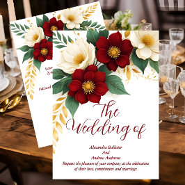 Invitación Boda elegante flores de borgoña blanco y dorado