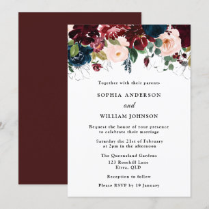 Invitación Boda elegante: Flores de Borgoña, Marina y Rubor