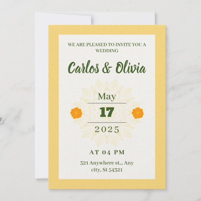 Invitación Boda elegante flores naranjas de diseño dorado (Anverso)