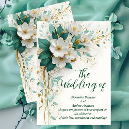 Invitación Boda elegante flores verdes blancas y doradas