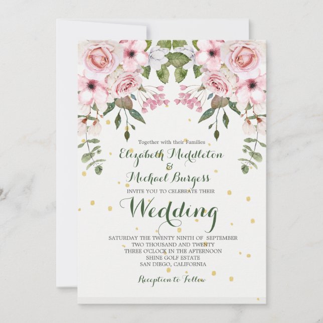 Invitación Boda Elegante Foliage Floral Verde Rosa (Anverso)