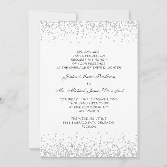Invitación Boda elegante formal blanca con brillo de plata (Anverso)