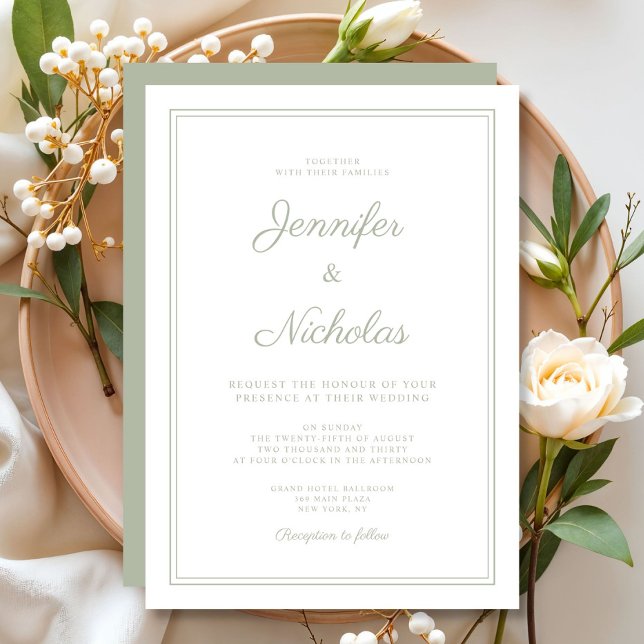 Invitación Boda elegante formal de color verde salvia con let (Elegant Formal Sage Green Script Wedding Invitation)