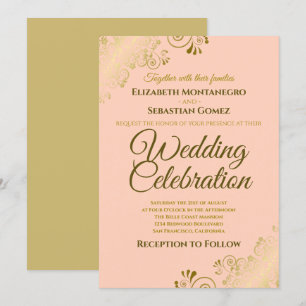 Invitación Boda elegante formal de coral melocotón filigrana 