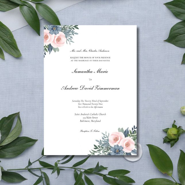 Invitación Boda elegante formal rosa azul turquesa de Rubor (Blush Pink Dusty Blue Watercolor Floral Elegant Wedding invitation, Printed or Digital Download)