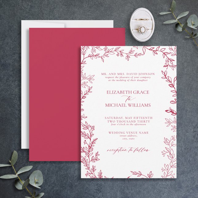 Invitación Boda elegante formal Vivid Magenta Leafy (Subido por el creador)