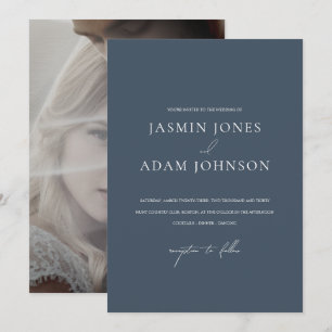 Invitación Boda Elegante Foto Monograma Azul Real Minimalista