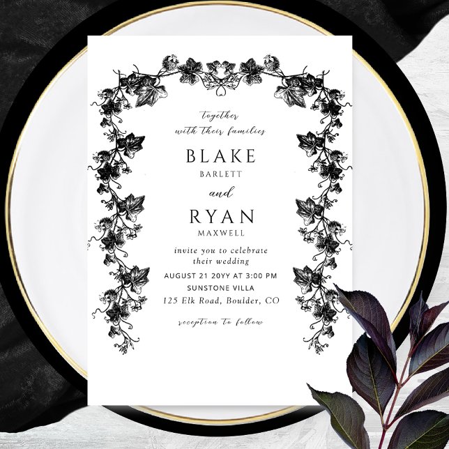 Invitación Boda elegante Garland con encanto negro (Subido por el creador)