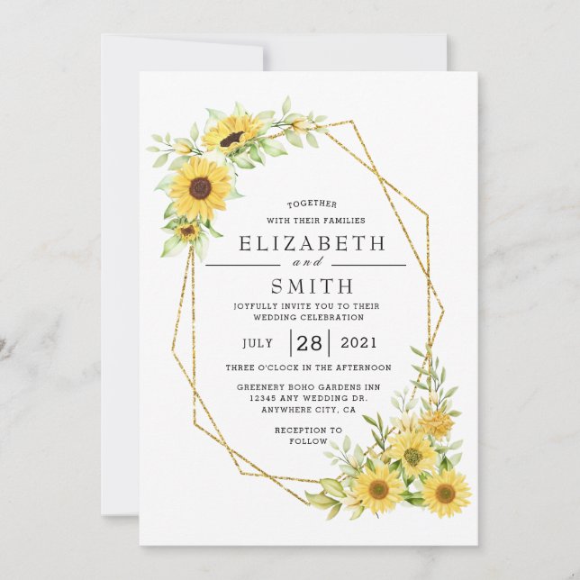 Invitación Boda elegante geométrica de girasol de oro (Anverso)