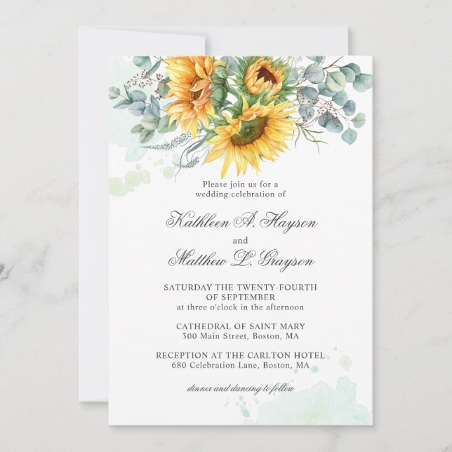 Invitación Boda Elegante Girasol Eucalipto Splash  (Anverso)