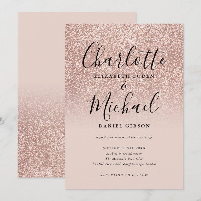 Invitación Boda Elegante Glitter Rosa Dorado (Anverso / Reverso)