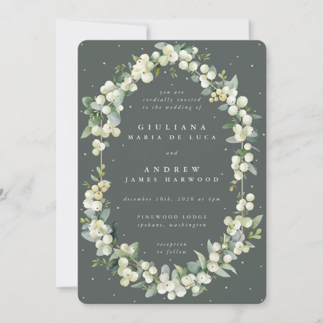 Invitación Boda elegante gris verde Snowberry + Eucalipto (Anverso)