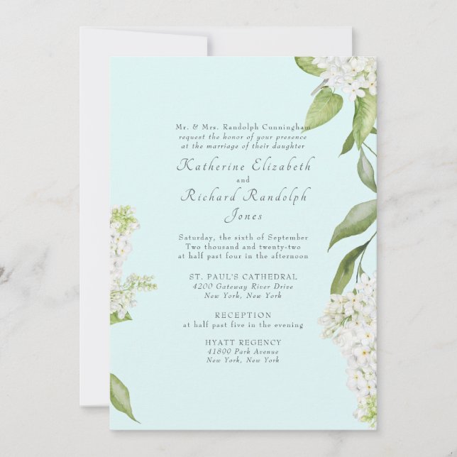 Invitación Boda Elegante Hortensia Blanca Seafoam II (Anverso)