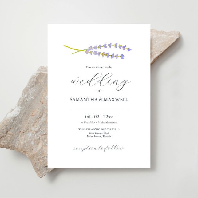 Invitación Boda elegante invita a Lavanda acuarela (Lavender wedding invitations feature botanical minimalistic watercolor art by Victoria Grigaliunas)