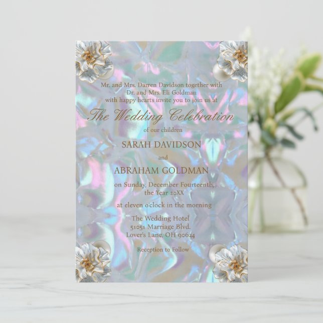 Invitación Boda elegante iridiscente de nácar (Anverso de pie)