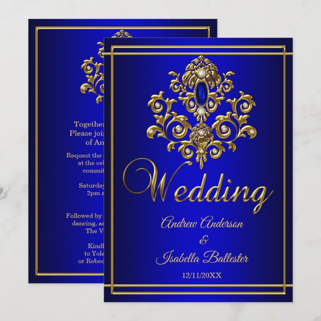 Invitación Boda Elegante Joya Azul Real Dorado 2 (Anverso / Reverso)