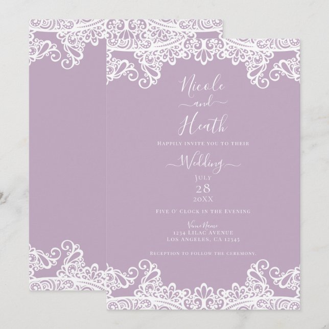 Invitación Boda elegante Lilac Mauve & White Lace (Anverso / Reverso)