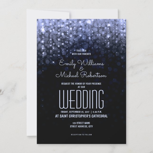 Invitación Boda elegante Luces azules fondo de boquilla (Anverso)