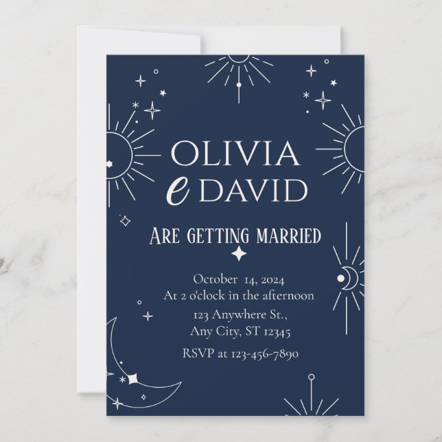Invitación Boda Elegante Luna y Estrellas (Anverso)