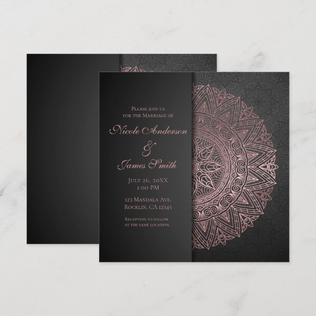 Invitación Boda elegante mandala oro rosa y negro (Anverso / Reverso)
