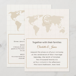 Invitación Boda Elegante Mapa del Mundo Monograma Chic Viajes