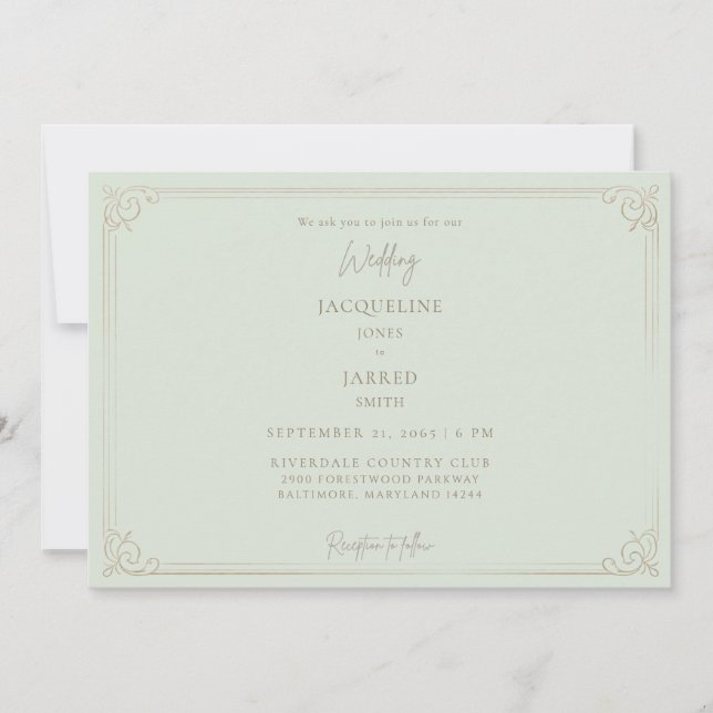Invitación Boda Elegante Marco de Oro Sage (Anverso)