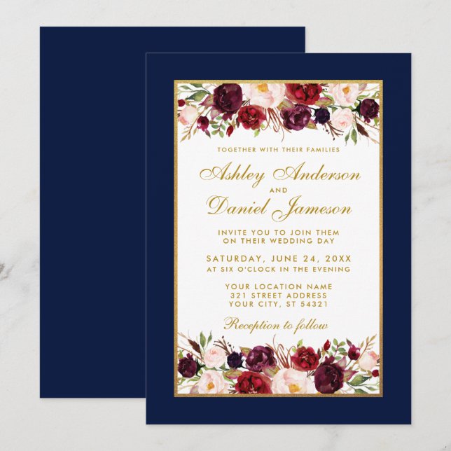 Invitación Boda Elegante Marco Dorado Floral Borgoña Azul (Anverso / Reverso)