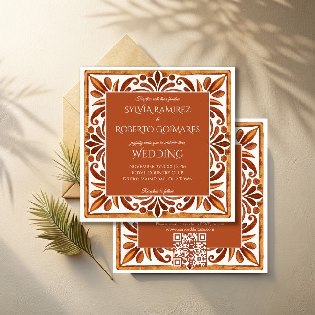 Invitación Boda elegante marrón de Talavera Mexicana con RSVP (Terracotta Mexican Talavera elegant wedding Invitations with RSVP editable template instant download)